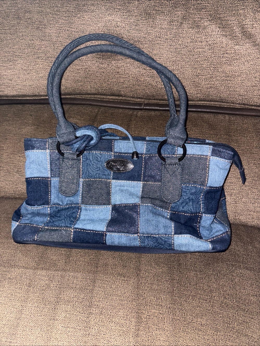 Donna Sharp Denim Patchwork Medium Purse Handbag Multi Color Striped Lining